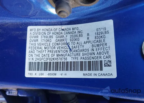 2019 Honda Civic Sport from USA, damaged, VIN 2HGFC2F82KH578756